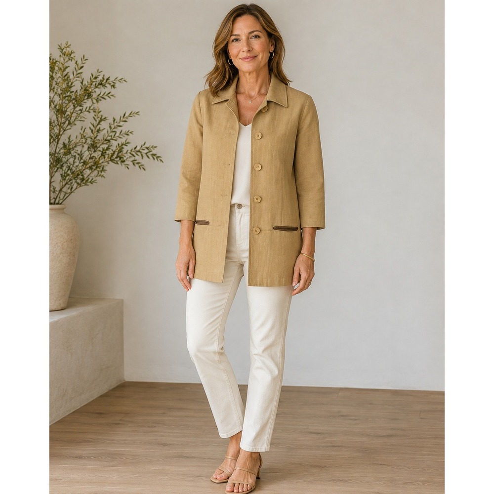 Giesswein Linen Chore‎ Jacket 10 Tan Made in Austria Woven Blazer Coastal